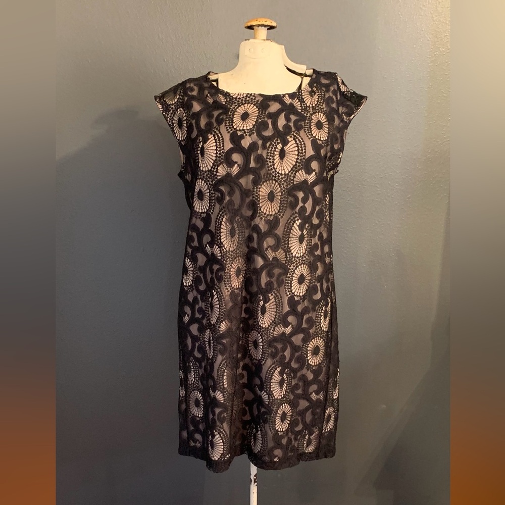 LOFT Black and Cream Lace Cocktail Dress with Nude Underlay. SZ 8